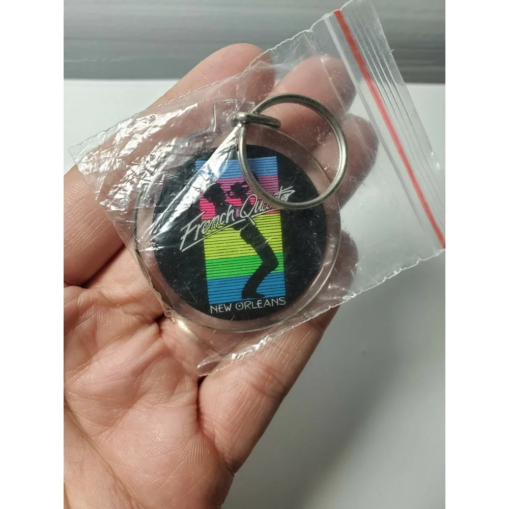 New Orleans French Quarter Jazz Acrylic Keychain Rainbow Trumpet Round Vtg